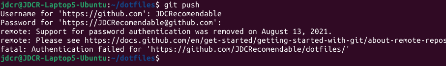 GitHub no longer allows authentication from `git` using the password.