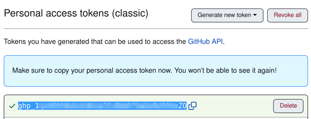 An example of an authentication token generated from GitHub (highlighted in blue).