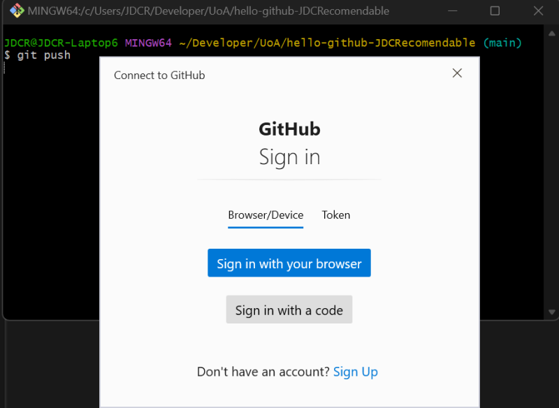 On Windows, a pop-up window appears to allow you to save your GitHub credentials to `git`.