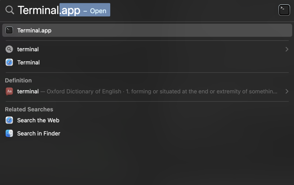 On macOS, search for `Terminal` (or `Terminal.app`) in Spotlight Search.